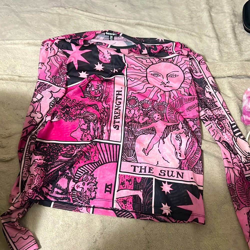 Pink Mesh Horoscopez Tarot Long Sleeve Astrology Top Dolls Kill